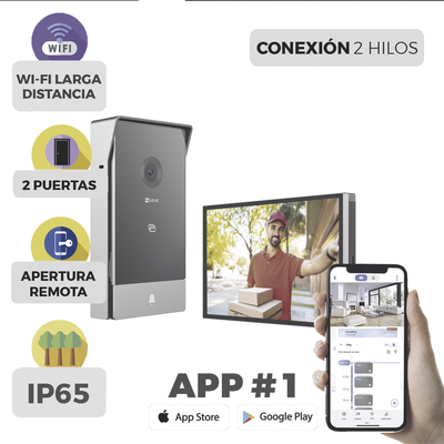 Videoportero IP Conexión a 2 Hilos / Con Monitor Wi-Fi para Interior / Frente de Calle IP65 Uso Exterior Protegido / Cámara 3 Megapíxel / Llamada a la App / Apertura remota / Soporta 2 Puertas / Ranura para Micro SD CS-HP7