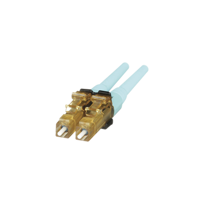Conector de Fibra Óptica LC Duplex OptiCam, Multimodo 50/125 OM3/OM4, Pre-pulido, Color Aqua FLCDMCXAQY