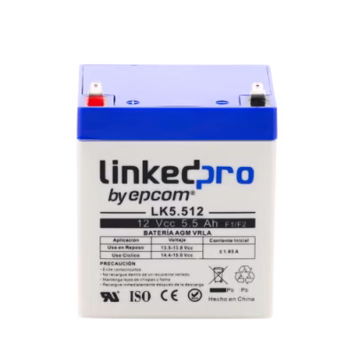 Batería 12 V / 5.5 Ah / UL / Vida útil promedio 5 años / Tecnología AGM / Para uso en equipo electrónico, Alarmas de Intrusión / Incendio/ Control de acceso / Video Vigilancia / Terminales F1 ( Incluye adaptador F