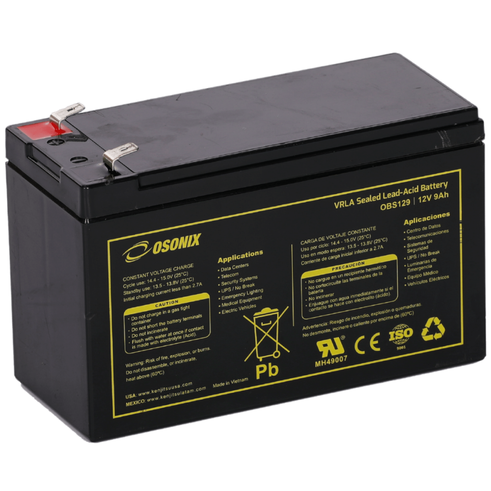 Batería VRLA 12V 9Ah de Plomo Puro con tecnología AGM de placa delgada. Sellada libre de mantenimiento. Garantía de 2 años  CAT: OBS129