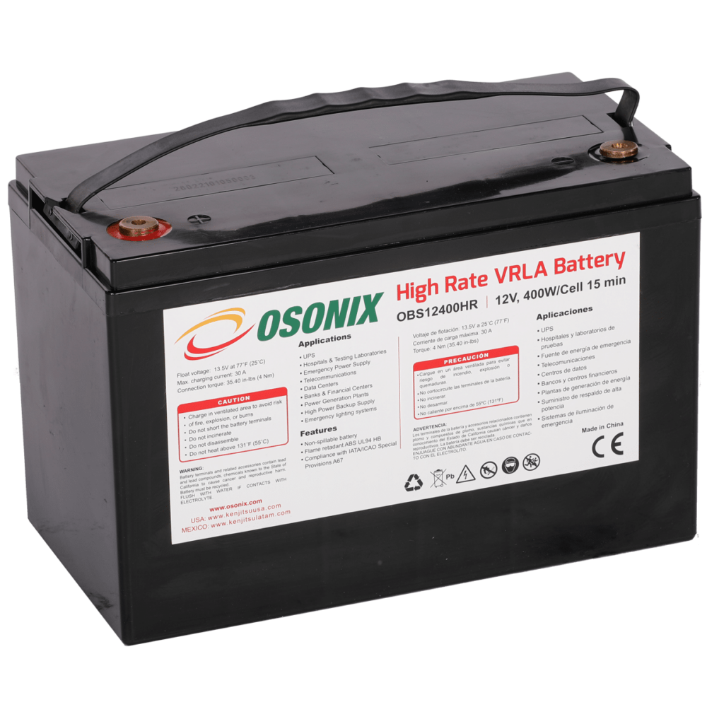Batería High Rate 12V 101.6Ah (406W 15min 1.67/celda) incorpora tecnología avanzada VRLA y AGM diseñada para el mayor rendimiento y tiempo de vida. Garantía de 3 años.  CAT: OBS12400HR