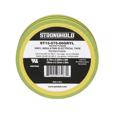 Cinta Eléctrica STRONGHOLD para Aislar, de PVC, Uso Construcción General en Tierras Físicas, Grosor de 0.13 mm (5 mil), Ancho de 19.05 mm, y 20.12 m de Largo, Color Amarillo/Verde.  ST15-075-66-GRYL