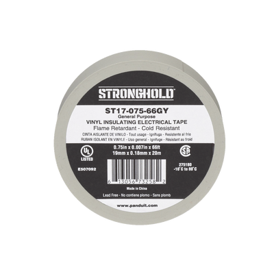 Cinta Eléctrica STRONGHOLD para Aislar, de PVC, Uso General Reparación y Mantenimiento, Grosor de 0.18mm (7 mil), Ancho de 19mm, y 20.12m de Largo, Color Gris  ST17-075-66GY
