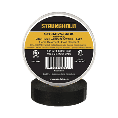 Cinta Eléctrica STRONGHOLD para Aislar, de PVC, Trabajo Pesado Eléctrico Industrial (Soporta abrasión, UV, agua, aceite y corrosión), Grosor de 0.21 mm (8.5 mil), Ancho de 19 mm, y 20 m de Largo, Uso Interior/Exterior, Color Ne  ST88-075-66BK