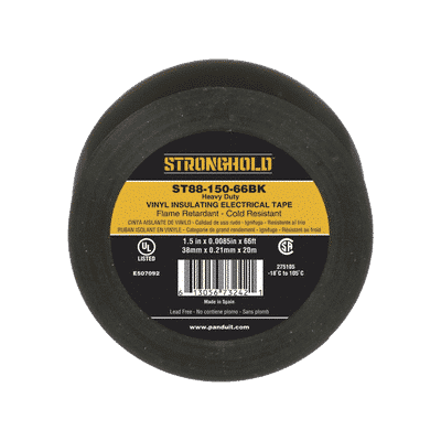 Cinta Eléctrica STRONGHOLD para Aislar, de PVC, Trabajo Pesado Eléctrico Industrial (Soporta UV, abrasión, agua, aceite y corrosión), Grosor de 0.21 mm (8.5 mil), Ancho de 38 mm, y 20 m de Largo, Uso Interior/Exterior, Color Ne  ST88-150-66BK