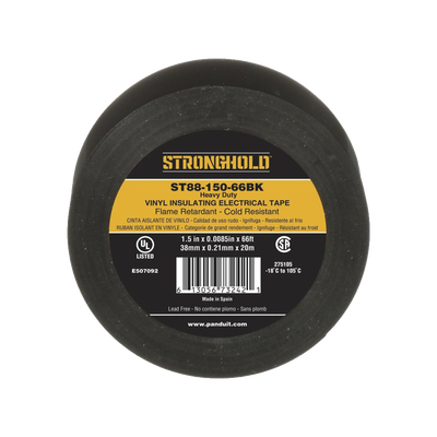 Cinta Eléctrica STRONGHOLD para Aislar, de PVC, Trabajo Pesado Eléctrico Industrial (Soporta UV, abrasión, agua, aceite y corrosión), Grosor de 0.21 mm (8.5 mil), Ancho de 38 mm, y 20 m de Largo, Uso Interior/Exterior, Color Ne  ST88-150-66BK