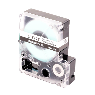 Casete de Etiquetas de Vinilo de Cinta Continua, Color Negro Sobre Blanco, Uso Interior/Exterior, 9 mm de Ancho x 7.6 Metros de Largo  T038X000VPM-BK