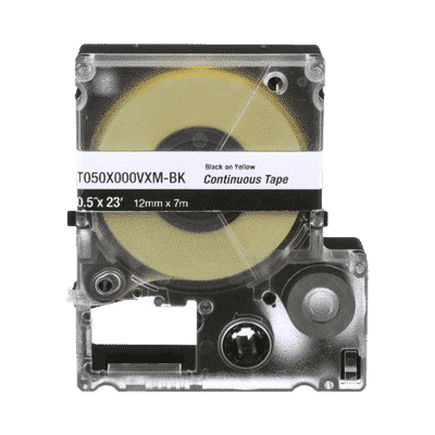 Casete de Etiquetas de Vinilo de Cinta Continua, Color Negro Sobre Amarillo, Uso Interior/Exterior, 9 mm de Ancho x 7 Metros de Largo  T038X000VXM-BK