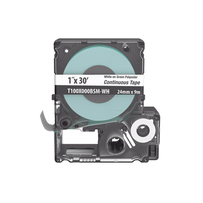 Casete de Etiquetas de Poliéster de Cinta Continua, Color Blanco Sobre Verde, Uso Interior/Exterior, 24 mm (1 in) de Ancho x 9.1 Metros de Largo  T100X000BSM-WH