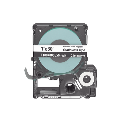 Casete de Etiquetas de Poliéster de Cinta Continua, Color Blanco Sobre Verde, Uso Interior/Exterior, 24 mm (1 in) de Ancho x 9.1 Metros de Largo  T100X000BSM-WH