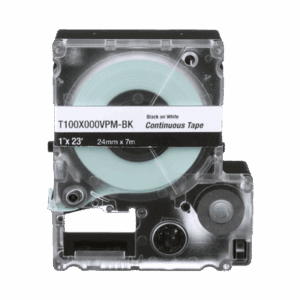 Casete de Etiquetas de Vinilo de Cinta Continua, Color Negro Sobre Blanco, Uso Interior/Exterior, 24 mm (1 in) de Ancho x 7.6 Metros de Largo  T100X000VPM-BK