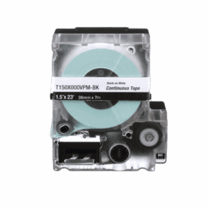 Casete de Etiquetas de Vinilo de Cinta Continua, Color Negro Sobre Blanco, Uso Interior/Exterior, 36 mm (1.5 in) de Ancho x 7.6 Metros de Largo  T150X000VPM-BK