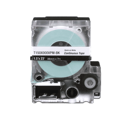 Casete de Etiquetas de Vinilo de Cinta Continua, Color Negro Sobre Blanco, Uso Interior/Exterior, 36 mm (1.5 in) de Ancho x 7.6 Metros de Largo  T150X000VPM-BK