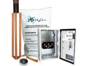 Kit Antivandalico de puesta a tierra de 45 A con Electrodo, Filtro, Acoplador y Compuesto H2Ohm. Su punto de unión a electrodos naturales permite aumentar el plano de tierras de la instalación