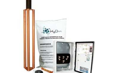 Kit de puesta a tierra de 70 A con Electrodo, Filtro, Acoplador y Compuesto H2Ohm. Se utiliza para la puesta a tierra de:SITES de cómputo, plantas industriales