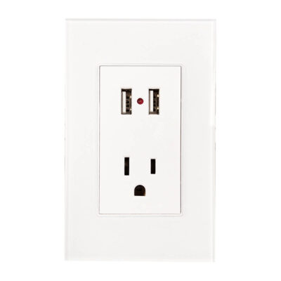 Contacto aterrizado y dos entradas USB con placa de acrilico blanca - 8842935