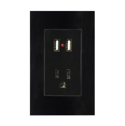 Contacto aterrizado y dos entradas USB con placa de acrilico negra - 8843935