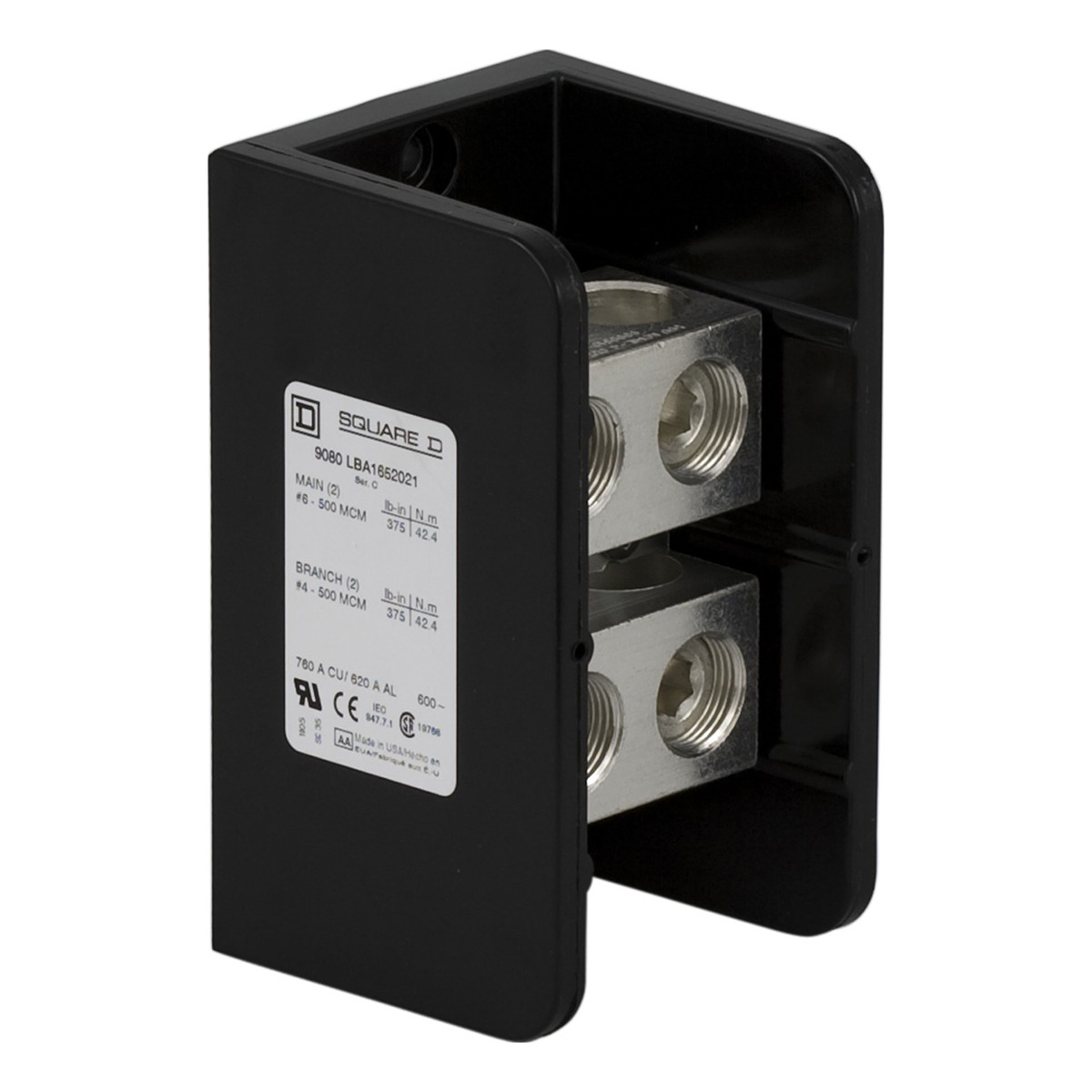 Power Distribution Block, Linergy, 1 Pole, 2 Line, 2 Load, 620A Cu, 500A Al, 600V - 9080LBA165202 | Power Distribution Block, Linergy, 1 Pole, 2 Line, 2 Load, 620A Cu, 500A Al, 600V - 9080LBA165202