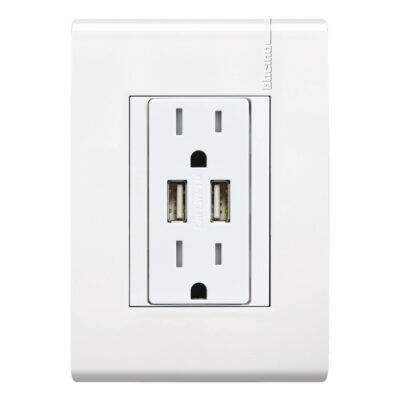 Toma Corriente Dúplex 2P+T + 2 Usb 3.1A Con Protección Infantil, 15A, 127-250V~, Placa Blanca - E6028NUSBPTL