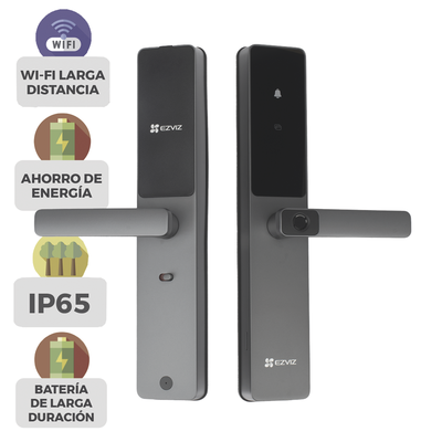 Cerradura Inteligente / Wi-Fi / Bluetooth  / Códigos Temporales Para Visitantes / Lectura de Huella / Lectura de Tag / Contraseña /  Botón para Timbrar / Apertura Remota /  Alarma Anti-intrusión /  No Requiere HUB CS-DL05-R200