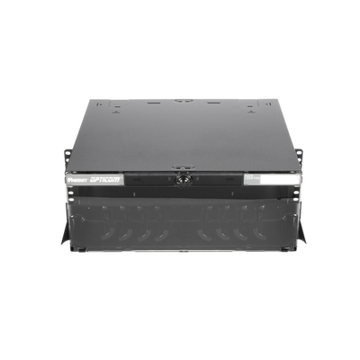 Panel de Distribución de Fibra Óptica, Acepta 12 Placas FAP o FMP, Bandeja Deslizable e Inclinable Hacia Abajo, Hasta 288 Fibras, Color Negro, 4UR  FCE4U