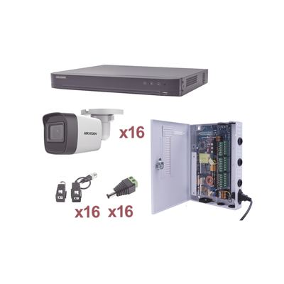 KIT TurboHD 1080p / DVR 16 Canales / 16 Cámaras Bala (exterior 2.8 mm) / Transceptores / Conectores / Fuente de Poder Profesional KH1080P16BW