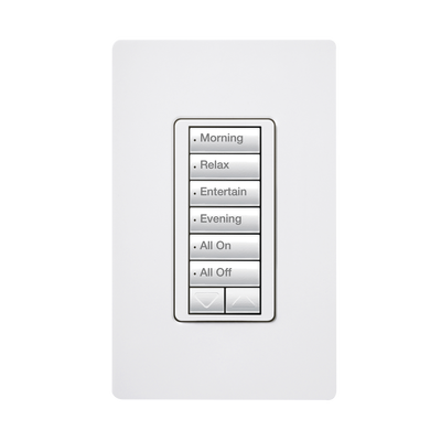 (RadioRA2) Teclado seetouch 6 botones, 2 botones subir/bajar, programe escenas diferentes en cada botón.: RRDW6BRLWH