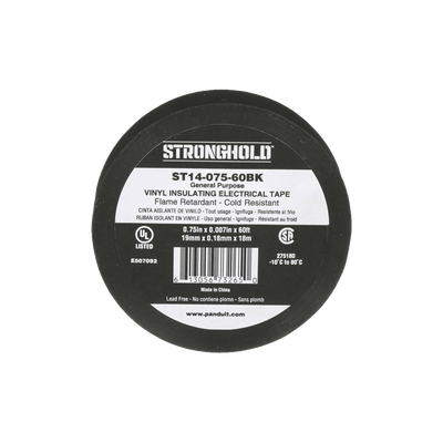 Cinta Eléctrica STRONGHOLD para Aislar, de PVC, Uso General Reparación y Mantenimiento, Grosor de 0.18mm (7 mil), Ancho de 19mm, y 18m de Largo, Color Negro  ST14-075-60BK