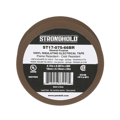 Cinta Eléctrica STRONGHOLD para Aislar, de PVC, Uso General Reparación y Mantenimiento, Grosor de 0.18mm (7 mil), Ancho de 19mm, y 20.12m de Largo, Color Café  ST17-075-66BR