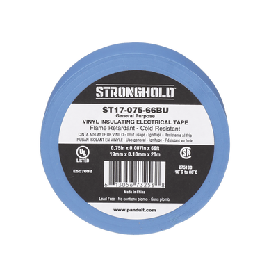 Cinta Eléctrica STRONGHOLD para Aislar, de PVC, Uso General Reparación y Mantenimiento, Grosor de 0.18mm (7 mil), Ancho de 19mm, y 20.12m de Largo, Color Azul  ST17-075-66BU