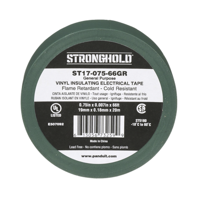 Cinta Eléctrica STRONGHOLD para Aislar, de PVC, Uso General Reparación y Mantenimiento, Grosor de 0.18mm (7 mil), Ancho de 19mm, y 20.12m de Largo, Color Verde  ST17-075-66GR