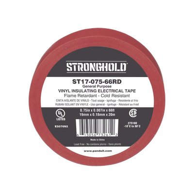Cinta Eléctrica STRONGHOLD para Aislar, de PVC, Uso General Reparación y Mantenimiento, Grosor de 0.18mm (7 mil), Ancho de 19mm, y 20.12m de Largo, Color Rojo  ST17-075-66RD