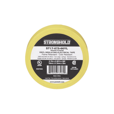 Cinta Eléctrica STRONGHOLD para Aislar, de PVC, Uso General Reparación y Mantenimiento, Grosor de 0.18mm (7 mil), Ancho de 19mm, y 20.12m de Largo, Color Amarillo  ST17-075-66YL