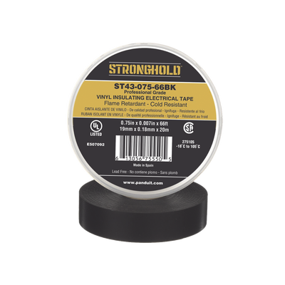 Cinta Eléctrica STRONGHOLD para Aislar, de PVC, Uso Profesional en Construcción Eléctrica, Grosor 0.18mm (7 mil), Ancho 19mm, y 20m Largo, Color Negro. Superior a cintas Super 33  ST43-075-66BK