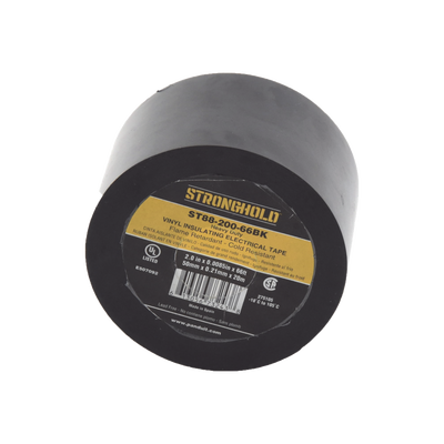 Cinta Eléctrica STRONGHOLD Para Aislar, de PVC, Trabajo Pesado Eléctrico (UV, abrasión, aceite, corrosión), Grosor 0.21 mm (8.5 mil), Ancho 50 mm, y 20 m Largo, Uso Int./Ext., Color Negro. Superior a cinta Super 33   ST88-200-66BK