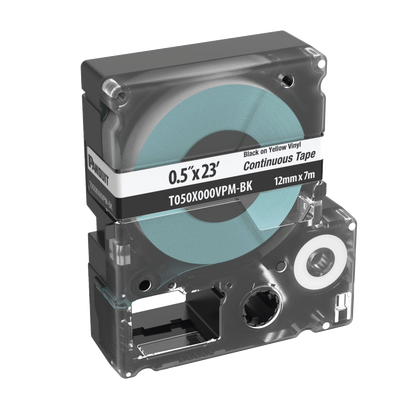 Casete de Etiquetas de Vinilo de Cinta Continua, Color Negro Sobre Blanco, Uso Interior/Exterior, 12 (0.5 in) mm de Ancho x 7 Metros de Largo  T050X000VPM-BK