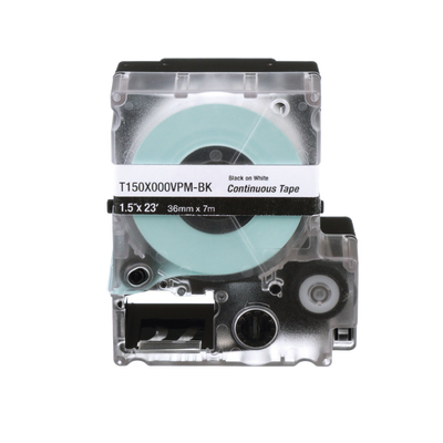 Casete de Etiquetas de Vinilo de Cinta Continua, Color Negro Sobre Blanco, Uso Interior/Exterior, 36 mm (1.5 in) de Ancho x 7.6 Metros de Largo  T150X000VPM-BK